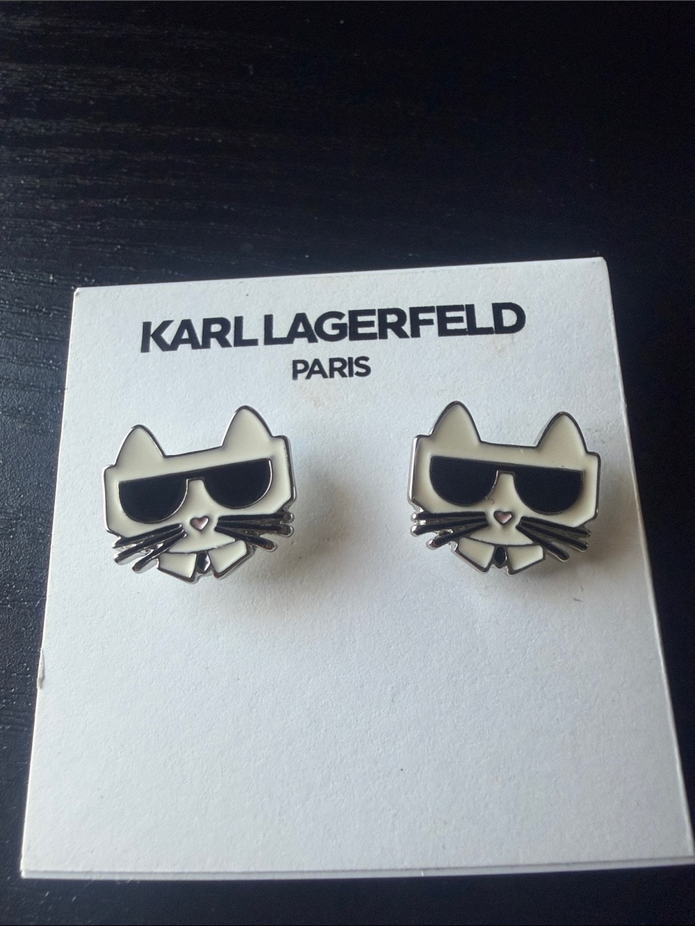 Karl Lagerfeld White & Black Cat Face Stud Earrings